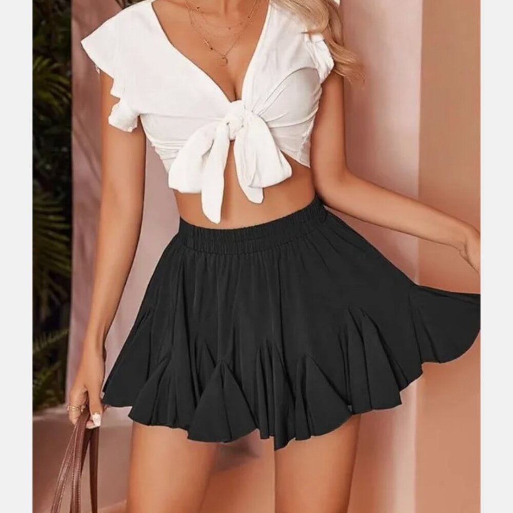 Amazon Sz S Adorable Black Skort Skirt Pull On Waist Mini Short Skirt